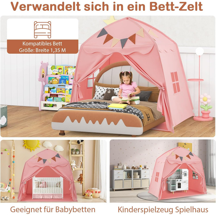 Дитяче намет-ліжко Dreamade 2-в-1 з гірляндою та прапорами, рожевий. Ігровий намет для дітей від 3 років, ігровий будиночок для дитячої кімнати