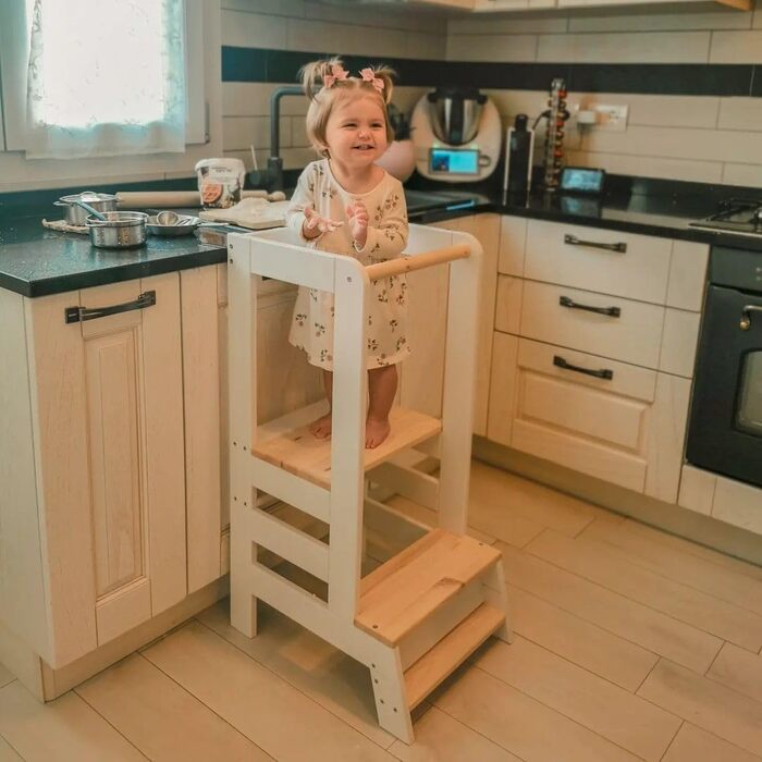 MEOWBABY Лесенка-підставка для навчання Montessori для дітей – регульована висота – підходить для дітей від 1 року – безпечна дитяча підставка – дерев'яний помічник на кухню та для повсякденного використання (з дощечкою, білий-натуральний)