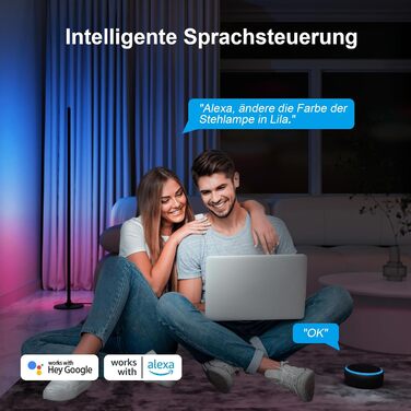 Світлодіодна підлогова лампа RGBICW з пультом та додатком, димування, Alexa/Google, синхронізація з музикою, 16 млн кольорів, 68 режимів, стильна лампа для спальні 51 дюйм