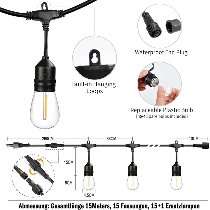 LED гірлянда 15 метрів для саду та тераси, водонепроникна IP65, 15+1 лампочки E27, тепле світло 2700K, для вечірок та свят [Енергоклас G]