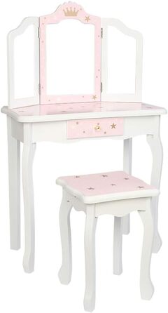 Дитячий туалетний столик LEADZM з пуфом для дівчаток, з двома дзеркалами 180°, комод з шухлядою, для дітей 3-9 років (білий & рожевий)