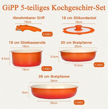 Набір посуду GiPP з знімними ручками, антипригарне покриття, 5 предметів, для всіх плит, духовка, оранжевий градієнт