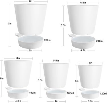 5 шт. пластикові горщики для квітів з системою поливу, 17.8/16.5/15.2/13.9/12.7 см. Самополивні горщики з підставкою, круглі, для дому, балкону, саду, сукулентів, кактусів, зелені (білі)