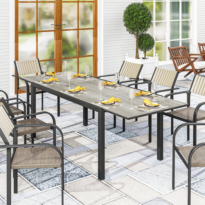 Розсувний обідній стіл Outsunny Garden Table на 6-8 персон, 160/240 x 90 см Алюмінієвий балконний стіл з дерев'яним виглядом Стійкий до погодних умов стіл для патіо Відкритий фуршетний стіл для саду, патіо Балкон сірий