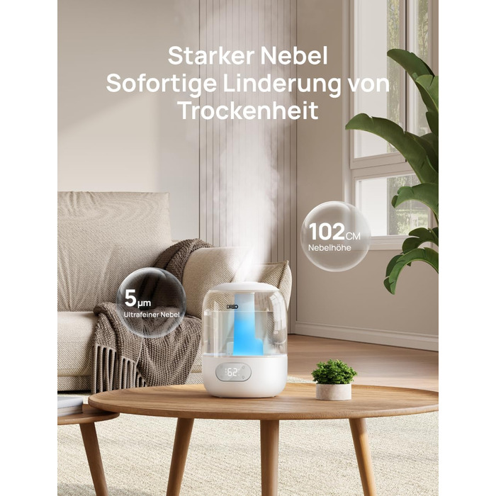 Зволожувач повітря Dreo для спальні: ультразвуковий, холодний туман, 3L, датчик вологості, нічник, для дітей, кімнатних рослин та дому (білий)