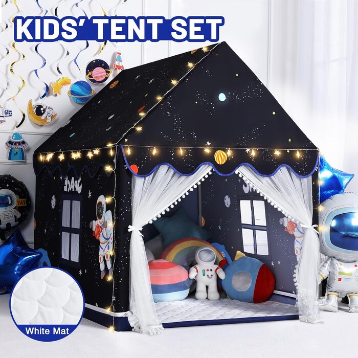 Дитяче намет-будиночок Wilwolfer з килимком для малюків: Принцесинний будиночок для дівчаток та хлопчиків - Великий намет для гри в приміщенні та на вулиці - Ідеальна іграшка для дітей, чорний з килимком