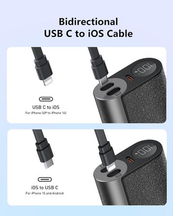 Вт PD, 10000 мАг, вбудований кабель Apple USB-C, LED, сумісний з iPhone/Samsung, 20