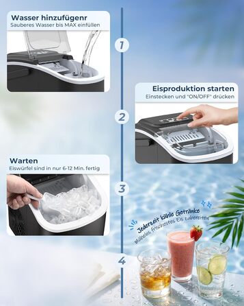 Льодогенератор Klarstein Ice Maker – Швидке виробництво льоду (12 кг/24 год), 2 розміри кубиків, самоочищення, для дому, кухні, офісу, бару – Чорний
