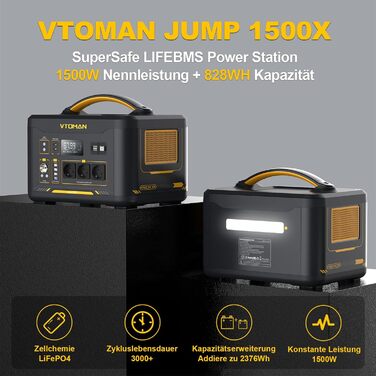 Електростанція VTOMAN Jump 1500X із сонячною панеллю 110 Вт, LiFePO4 потужністю 1500 Вт/828 Втгод, з можливістю розширення до 2376 Втгод