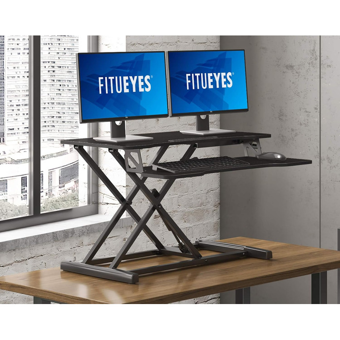 Стіл-підставка FITUEYES для комп'ютера, регульований по висоті, з полицею для клавіатури, 92×40 см, для двох моніторів, чорний