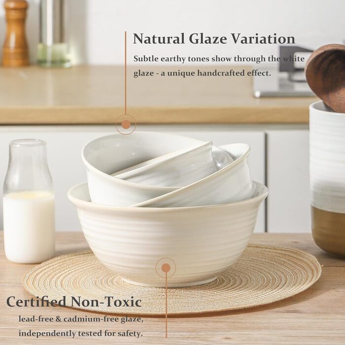 Набір керамічних мисок для перемішування Hasense (2.1/1.0/0.5 Qt), ручної роботи, для салату, приготування їжі, зберігання, випічки, мікрохвильовки та миття в посудомийній машині, з додаванням глини, білий