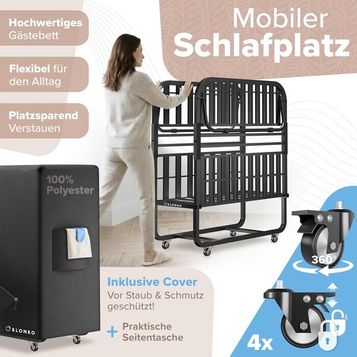 Розкладне ліжко ELONEO з преміум-матрацом (90x200 см), металевий каркас, витримує до 250 кг, з коліщатками та захисним чохлом