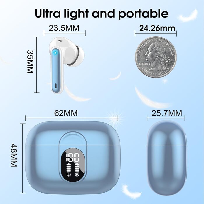 Бездротові навушники-вкладиші Csasan Bluetooth 5.3, ENC, мікрофон, 40 годин, водонепроникний IP7, синій