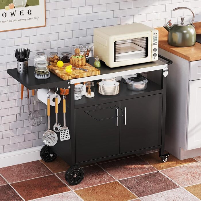 Grillwagen COSTWAY Outdoor: гриль-стіл з нержавіючою сталлю, відкидним бічним столиком, шафкою, 6 гачками та ручкою, до 100 кг, металевий столик для кемпінгу, пікніків, вечірок на відкритому повітрі, 127 x 50 x 84 см