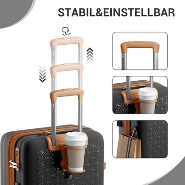 Чемодан ручної поклажі KONO з тримачем для напоїв, жорсткий корпус, легкий, поліпропілен, розширюваний, з 4 колесами та TSA замком (Чорний/Коричневий, M)