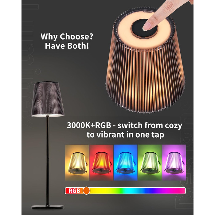 LED настільна лампа LuminexDesigns бездротова з акумулятором 5200mAh, регульована яскравість, IP54 вологостійка, для спальні, офісу, саду, декору, біла (сучасний дизайн, компактна, чорна)