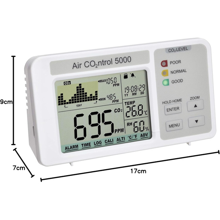 Вимірювач CO2 TFA Dostmann AIRCO2NTROL 5000 з реєстратором даних, білий. Моніторинг CO2, температури, вологості, часу. Графічне відображення, індикатор рівня CO2.