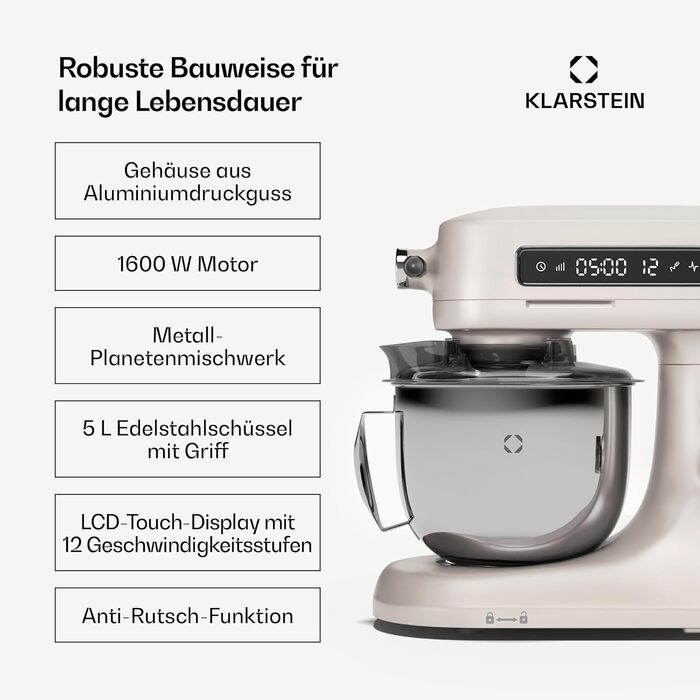Кухонна машина Klarstein Chiara 1600W з чашею 5L з нержавіючої сталі, 12 швидкостей, LCD-сенсорний дисплей, тиха робота ≤72 dB, набір для випічки, що підходить для миття в посудомийній машині, корпус з алюмінію методом лиття під тиском