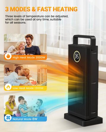 Електричний обігрівач з керамічним нагрівачем, 3 режими, 2000W, осциляція 70°, захист від перекидання, тихий обігрівач для дому та офісу