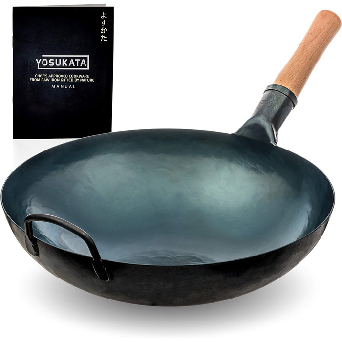 Сковорода вок YOSUKATA Blue 35,6 см - китайська сковорода вок з вуглецевої сталі (35,6 см, синього кольору)