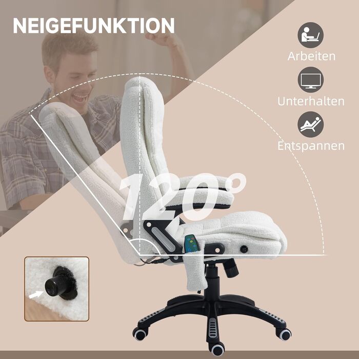Крісло офісне Vinsetto з масажем, підігрівом, регулюванням нахилу та функцією розслаблення. Комп'ютерне крісло для офісу, кремово-біле, з кишенею з льону, оббивка з тедді-замші (100% поліестер).