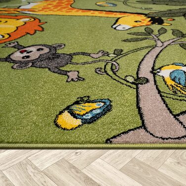 Домашній дитячий килимок Paco, килимок для ігор з тваринами з джунглів, Пальми, мавпа, слон, жираф, лев, зелений, Розмір120x170 см, 120x170 см, 120x170 см