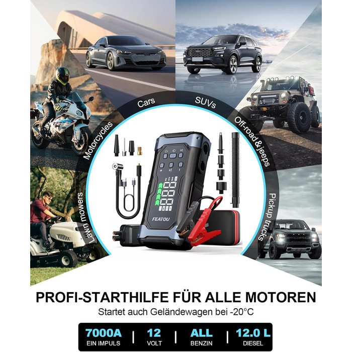 Powerbank з компресором Starthilfe 6500A: акумулятор для автомобіля 12V з повітряним насосом, стартер-бустер (9.0L бензин/8.5L дизель), LED 500 Lumen (чорний), піковий струм 7000A