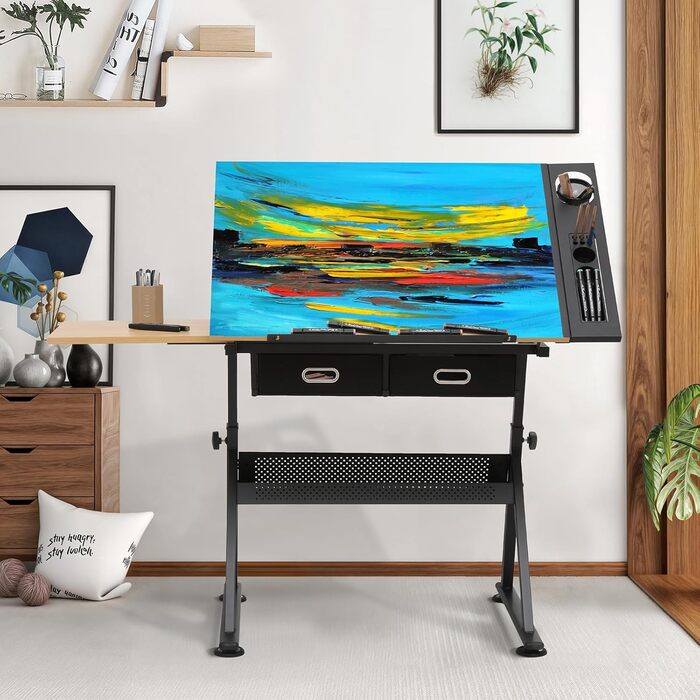 Набір мольбертів Magshion: регульований стіл для художника з нахиленою дерев'яною столешницею, ящиками та стільцем. Підходить для дому, офісу та школи (білий/чорний)