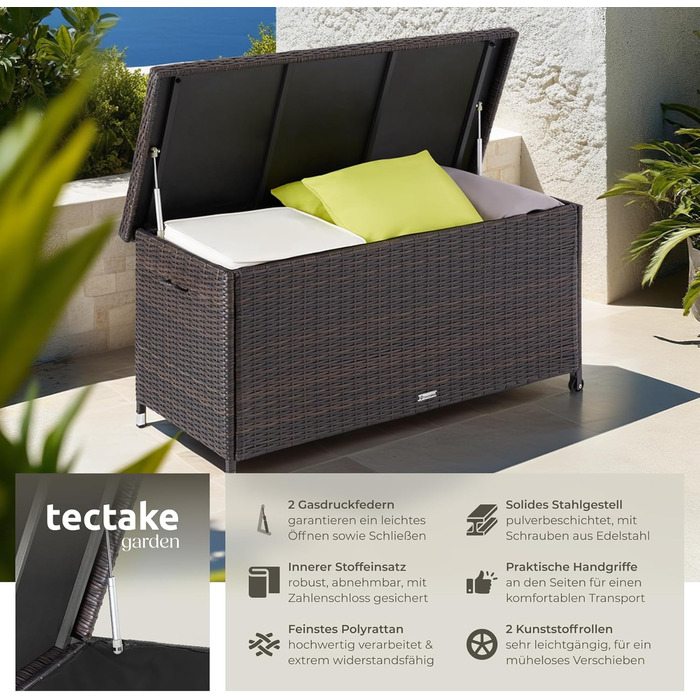 Ящик для подушок Tectake з ротангу, 270л, коричневий - водонепроникний, з замком, на колесах для саду, тераси, балкону