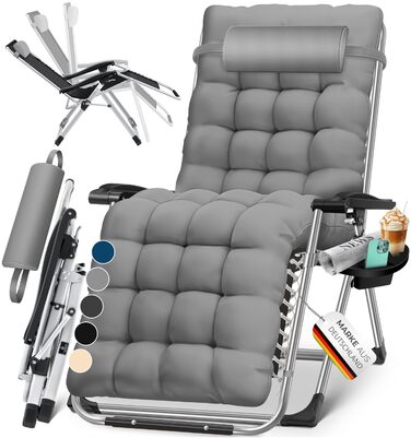 Шезлонг KESSER® для саду, розкладний, вологостійкий, 200 кг, з подушкою, регульована спинка, підголовник та тримач для напоїв, сірий