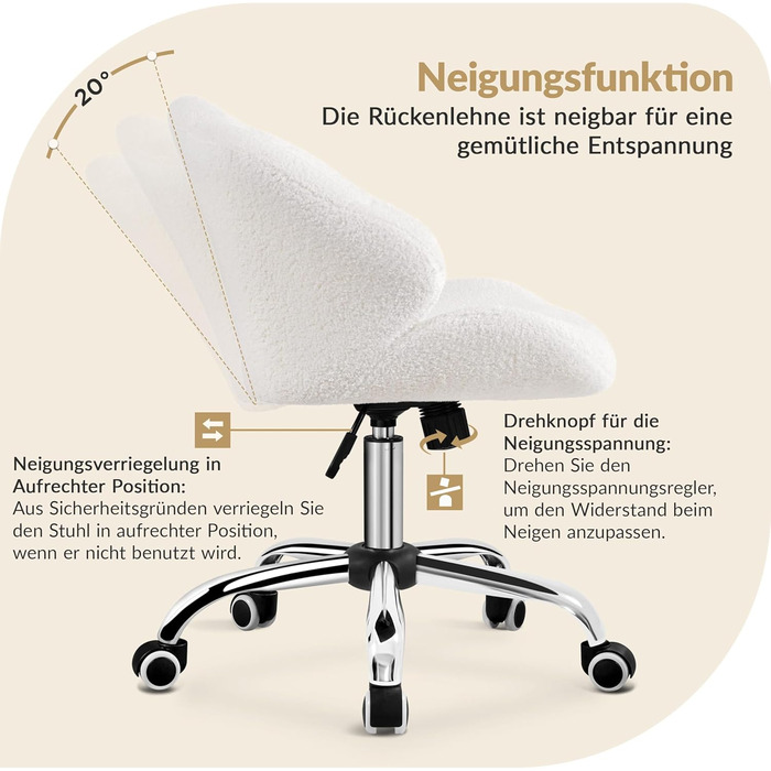 Крісло для дому та офісу Yaheetech, крісло для макіяжу, регульоване по висоті, поворотне, офісне крісло у формі мушлі, крісло з роликами, оксамитове крісло, до 136 кг, білий (сніжно-білий)