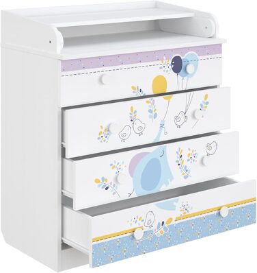 Дитяча пеленальна комода Shefa Kids Elefant з повітряною кулькою – 4 шухляди, з відкидним столиком, для дитячої/немовлятньої кімнати, ергономічна пеленальна станція, білий слон
