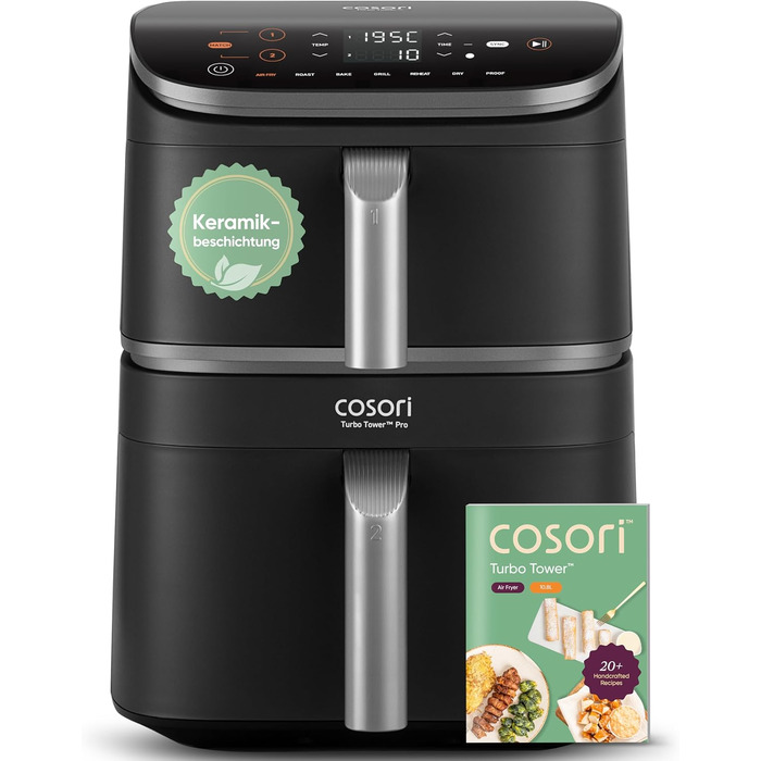 Фритюрниця без олії COSORI Turbo Tower Pro з керамічним покриттям, 2 камери, 10.8 л, DualBlaze, автоматичне регулювання повітряного потоку