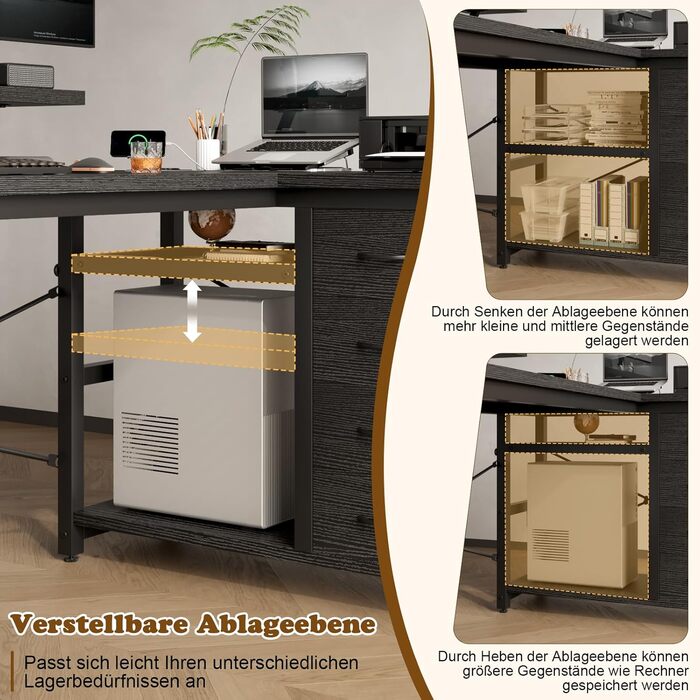 Кутовий стіл Devoko з 4 ящиками з тканини, 2 розетками та 2 USB-портами, для дому та офісу, ігор, білий, 140x80 см