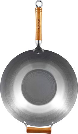 Кен Хом KH436003 сковорода вок з вуглецевої сталі, 36 см, Excellence, індукційна сковорода ВОК, антипригарне покриття з натуральною патиною, дерев'яна ручка, 1