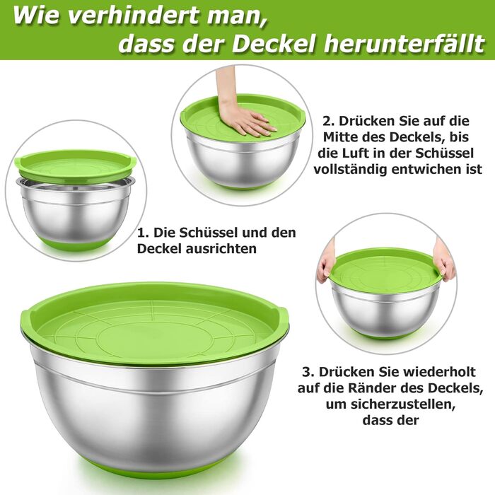 Набір салатниць TEAMFAR 6 шт. з нержавіючої сталі з кришками та силіконовими ніжками, 0.7L/1.5L/1.6L/2.5L/2.8L/4.6L