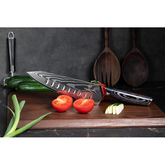 Кухонний ніж Wolfblood PRO Damast XL (33 см) з дамаської сталі 67 шарів, преміум-якість, для професійних кухарів, з дерев'яною ручкою, подарункова коробка, захист леза, сертифікований TÜV, 62 HRC