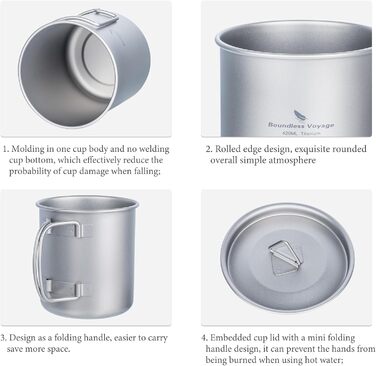 iBasingo Titan Becher: туристичний посуд, термокружка, чашка для кемпінгу з кришкою та складним ручками (200-750 мл)