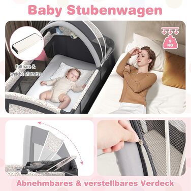 Дитяче туристичне ліжко COSTWAY 5 в 1 з матрацом, функція ліжечка-гойдалки, з регульованим козирком, пеленальний столик, музична іграшка та сумка для перенесення, до 15 кг (квітковий принт)