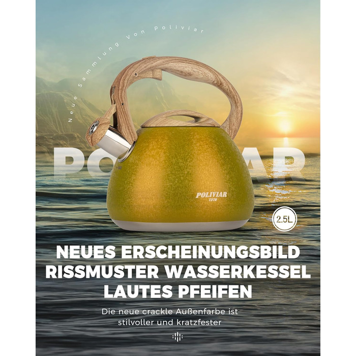 Індукційний чайник Poliviar, чайник для всіх типів плити, 2,7 л, чайник-флейта з дерев'яною ручкою (золотистий)