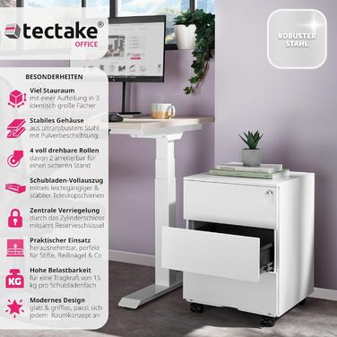 Шкафчик для офісу tectake® з металу, з ключем, на колесах, з висувними ящиками. Органайзер для столу, мобільний шафчик, білий