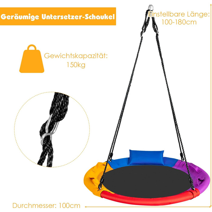 Шоукель-гніздо COSTWAY з подушкою та ручками, дитяча гойдалка з регульованим тросом 100-180 см, вантажопідйомність до 150 кг для дітей та дорослих, для використання в приміщенні та на вулиці, кольорова