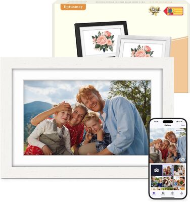 Цифровий фоторамка Eptusmey 10.1 дюймів з Wi-Fi, дуб, 32GB, IPS Touchscreen, відтворення фото/відео через Uhale APP, подарунок для чоловіків та жінок, білий