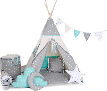 Дитяче намет-типі з ковдрою, подушкою, віконцем та кошиком для іграшок. Намет-індейський для дітей з бавовни, для гри в приміщенні та на вулиці (з елементами вовка, зірки, сірого кольору)