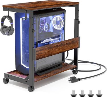 Регульована підставка для комп'ютерного блоку з 2 полицями та місцем для зберігання – для корпусів ATX, принтерів, з фіксуючими роликами (Темно-коричневий, B64 x T34 x H59-84,5cm)