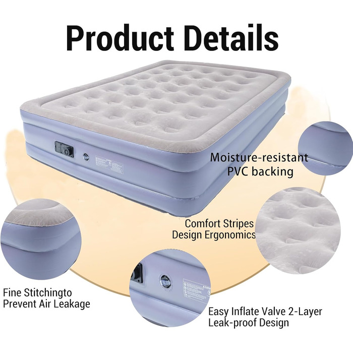 Надувне ліжко Icelus 204x153x23 см з повітряним насосом - ліжко для кемпінгу, подорожей та дому (2 особи)