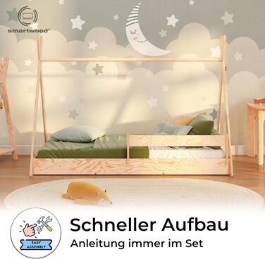 Дерев'яне ліжко-дитячий будиночок Smartwood 90x200 - Монтессорі Tipi F з сосни з сертифікатом FSC, захист від падіння та ламелі до 230 кг для хлопчиків та дівчаток, проста збірка, ліжко на підлозі