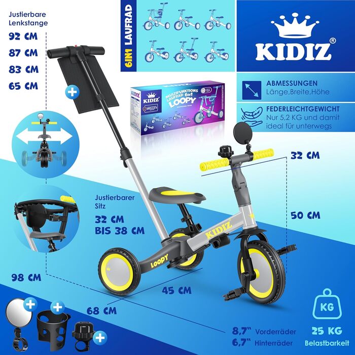 Біговел-триколіс KIDIZ 6-в-1 для дітей від 1 до 5 років (до 25 кг), сірий: з ручкою, захисним бампером, ременем безпеки, дзвінком та дзеркалом