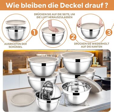 Набір мисок HaWare 7 шт. з нержавіючої сталі з кришками, 6.5/4.5/3/2.5/1.5/1.2/0.7L, для приготування, випікання, салатів, миття в посудомийній машині, Khaki/Нержавіюча сталь