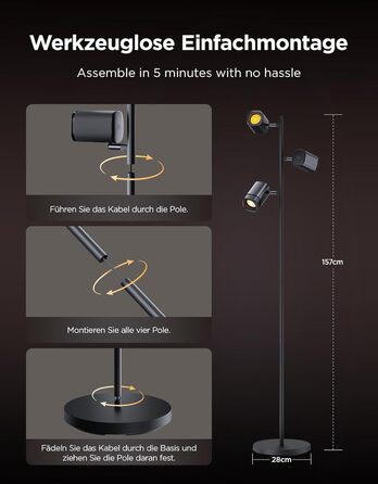 Світлодіодна підлогова лампа Govee 3-Flammen RGBWW, Matter, 1500lm, сумісна з Alexa, 64+ сцени, синхронізація з музикою, 157см, чорна для вітальні, спальні, кабінету